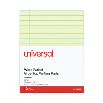 Universal UNV22000 50-Sheets 8.5 in. x 11 in. Wide/Legal Rule Glue Top Pads - Canary-Yellow (1 Dozen)