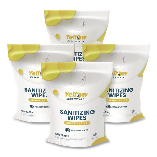 Cleaning Cloths | Gritt Commercial YE00120004PK Yellow Essentials Sanitizing Wipes, 5 x 8, Unscented, White, 2,000/Refill Bag, 4 Refill Bags/Carton image number 0