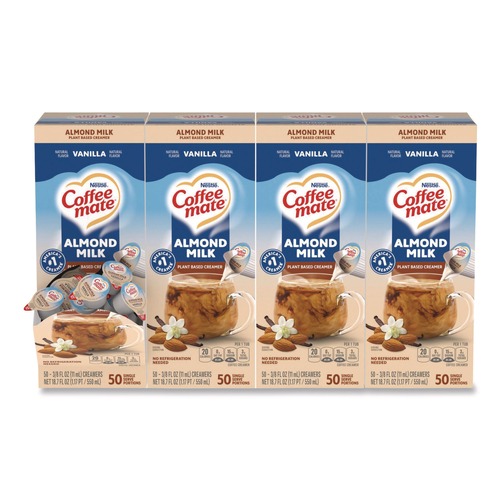 Food Service | Coffee-Mate 12461537 0.38 oz Mini Cups Plant-Based Almond Milk Non-Dairy Liquid Creamer Singles - Natural Vanilla (200/Carton) image number 0