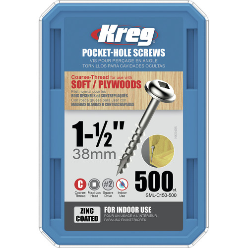 Collated Screws | Kreg SML-C150-500 Pocket Screws - 1-1/2 in., #8 Coarse, Washer-Head (500 Pcs) image number 0