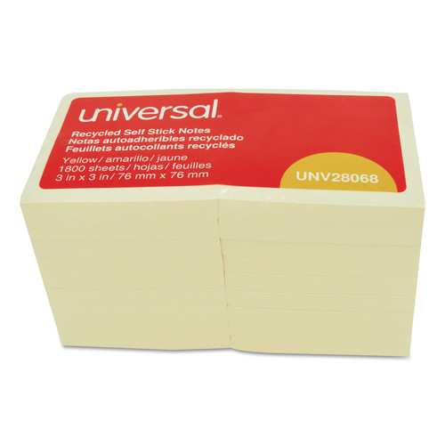  | Universal UNV28068 3 in. x 3 in. Recycled Self-Stick Note Pads - Yellow (18 Pads/Pack) image number 0