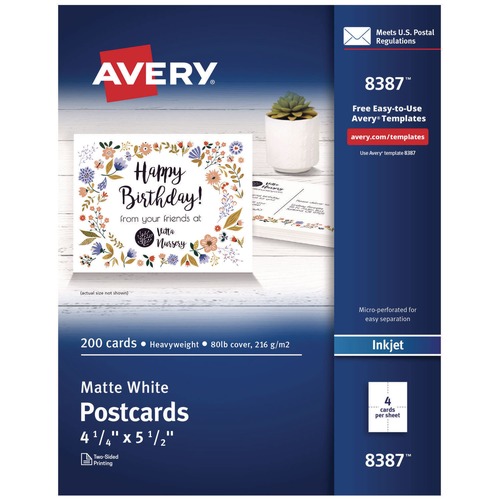 Office Jansan | Avery 08387 80 lb 4.25 x 5.5 Printable Inkjet Postcards - Matte White (200/Box) image number 0