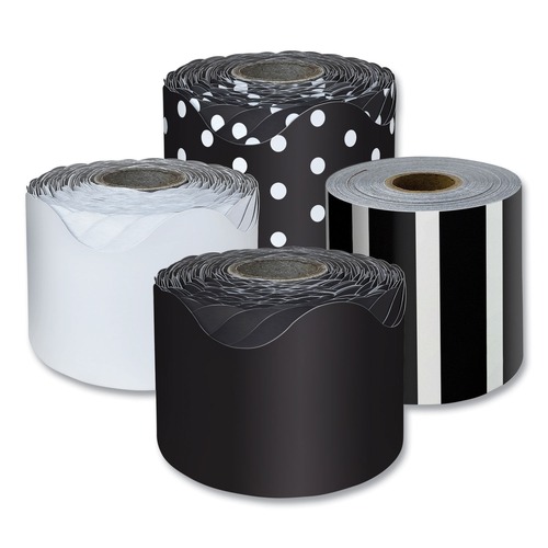 Office & Office Supplies | Carson-Dellosa 145299 2.25 in. x 65 ft. Rolled Scalloped Border Set with 2 Solid Colors, 1 Horizontal Stripes, and 1 Polka Dots - Assorted Colors (4/Set) image number 0