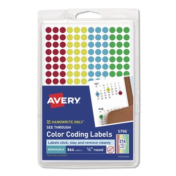 Avery 0.25 in. Diameter Handwrite-Only Self-Adhesive "See Through" Removable Round Color Dots - Assorted (216/Sheet, 4 Sheets/Pack)