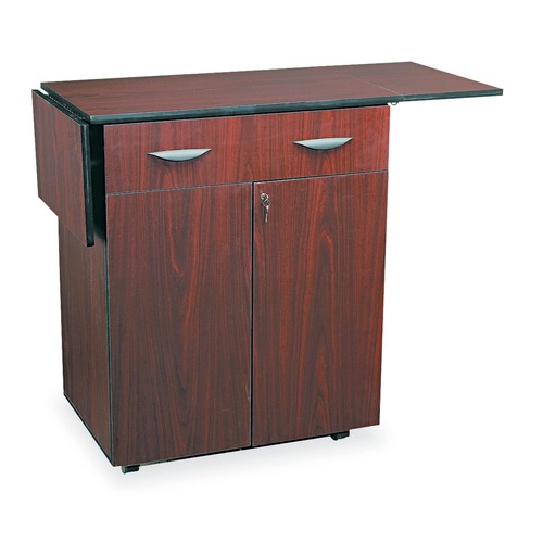 Cleaning Carts | Safco 8962MH 32.5 in. to 56.25 in. x 20.5 in. x 38.75 in. 1 Drawer 3 Shelves Engineered Wood Hospitality Cart with Drop Leaves - Mahogany image number 0