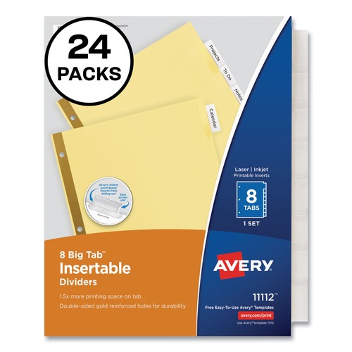 Office Jansan | Avery 11115 Big Tab 11 in. x 8.5 in. 8-Tab Double-Sided Gold Edge Reinforcing Insertable Dividers - Clear/Buff (24/Box) image number 0