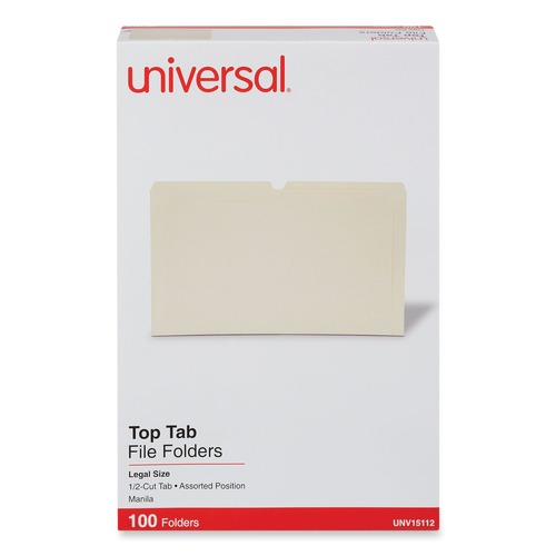  | Universal UNV15112 1/2 Cut Tabs 11-Point Assorted Positions Top Tab File Folders - Legal Size, Manila (100/Box) image number 0