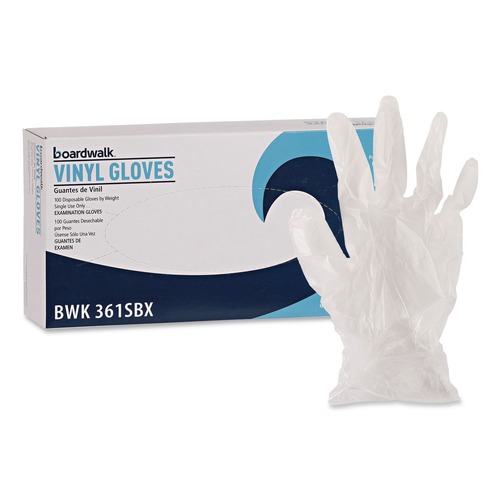 Disposable Gloves | Boardwalk BWK361LBX 3.6 mil Thick Powder-Free Exam Vinyl Gloves - Large, Clear (100/Box) image number 0