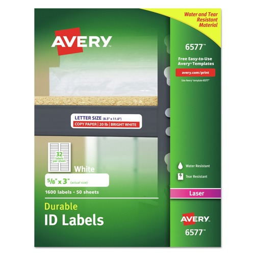 Avery 06577 Durable Laser Printer 0.63 in. x 3 in. Permanent ID Labels with TrueBlock Technology - White (32-Piece/Sheet 50-Sheet/Pack) image number 0