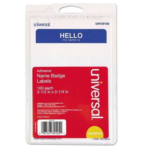 Office Jansan | Universal UNV39105 3-1/2 in. x 2-1/4 in. Self-Adhesive 'Hello' Name Badges - White/Blue (100/Pack) image number 0