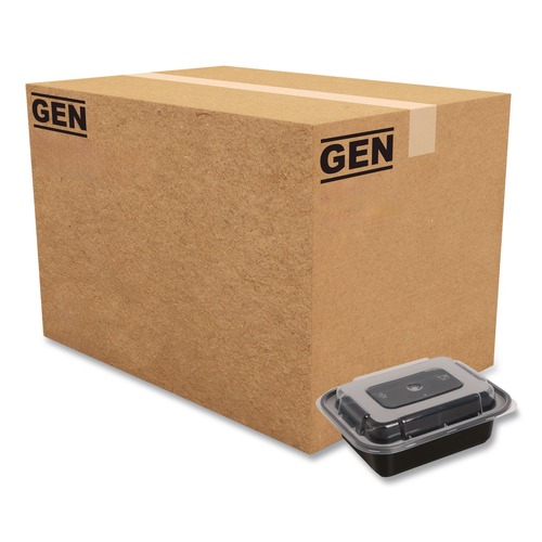 Food Trays, Containers, and Lids | GEN FCPP-BC-32RECT 8.81 in. x 6.02 in. x 2.24 in. 32 oz. Plastic Microwavable Food Container with Lid - Rectangular Black/Clear (150/Carton) image number 0