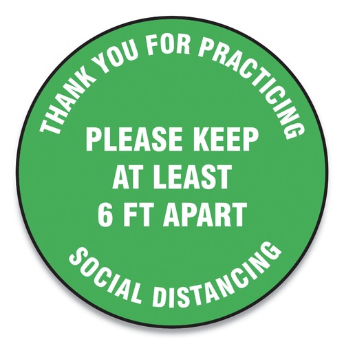 Office Jansan | GN1 MFS424ESP 12 in. Circle "Thank You For Practicing Social Distancing Please Keep At Least 6 ft. Apart" Slip-Gard Floor Signs - Green (25/Pack) image number 0