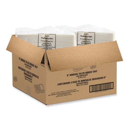 Dart Single Compartment 8.25 in. x 8 in. x 3 in. Plastic Hinged Lid Containers - White (150/Carton)