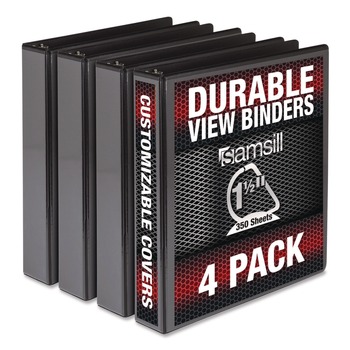 Samsill 11.5 in. x 8.5 in. 3 Rings 1.5 in. Capacity Durable D-Ring View Binders - Black (4/Pack)