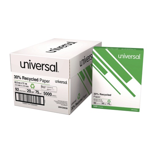 Office Jansan | Universal UNV20030 20 lbs. Bond Weight 92 Bright 8.5 in. x 11 in. 30% Recycled Copy Paper - White (500 Sheets/Ream, 10 Reams/Carton) image number 0
