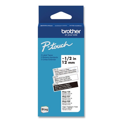 Labels | Brother P-Touch BTAG3M01 0.47 in. x 13.1 ft. Genuine P-Touch BTAG Label Tapes - White on Clear, Black on White, White on Black image number 0