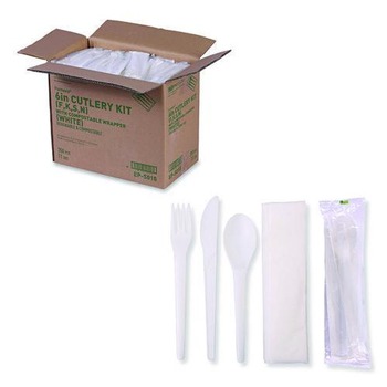 Eco-Products EP-S015 Plantware Compostable Fork/Knife/Napkin/Spoon Cutlery Kit - Pearl White (250/Carton)