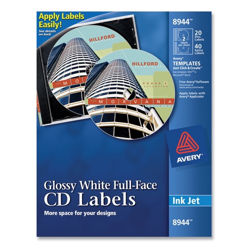 Office Jansan | Avery 08944 Inkjet Full-Face CD Labels - Glossy White (20/Pack) image number 0
