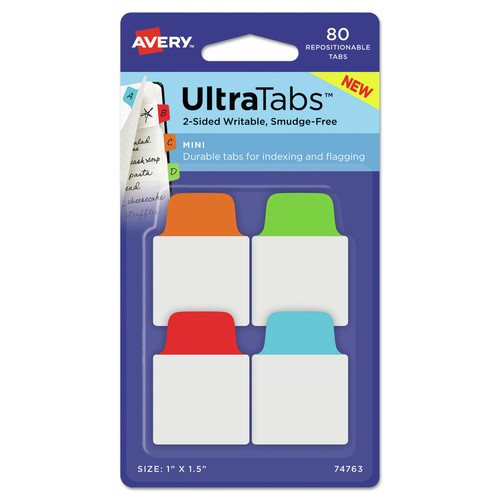 Avery 74763 Ultra Tabs 1/5-Cut 1 in. Repositionable Mini Tabs - Assorted Primary Colors (80/Pack) image number 0