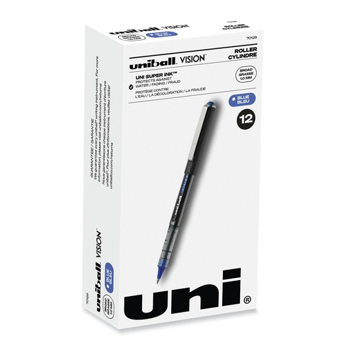 Office Jansan | uni-ball 70129 Bold 1 mm Stick VISION Roller Ball Pen - Blue Ink, Black/Blue/Clear Barrel (1 Dozen) image number 0