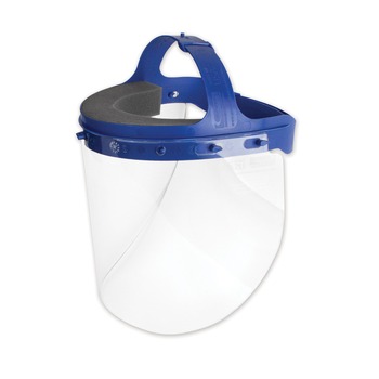 Suncast 16.5 in. x 10.25 in. x 11 in. Fully Assembled Full Length Face Shield with Head Gear - Clear/Blue (16/Carton)