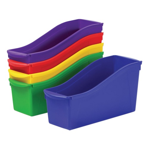 Office Jansan | Storex 70105U06C 4.75 in. x 12.63 in. x 7 in. Interlocking Book Bins with Clear Label Pouches - Assorted Colors (5/Pack) image number 0