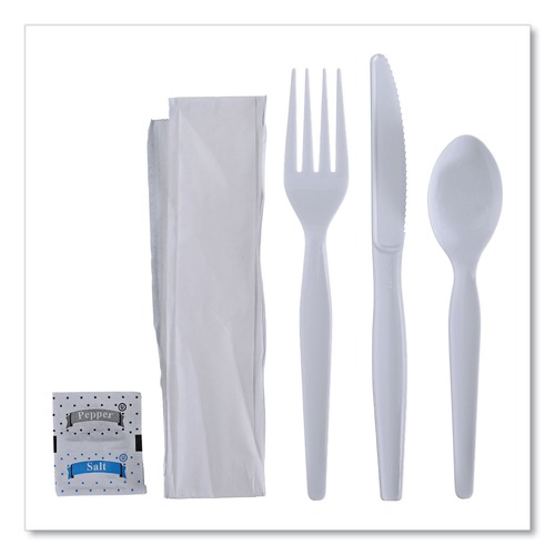 Cutlery | Boardwalk BWKFKTNSHWPSWH 6-Piece Heavyweight Condiment/Fork/Knife/Napkin/Spoon Cutlery Kit - White (250/Carton) image number 0