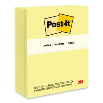 Post-it Notes 655 3 in. x 5 in. Original Pads - Canary Yellow (100-Sheets/Pad, 12-Pads/Pack)
