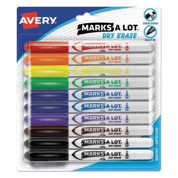 Avery 24495 Marks A Lot Medium Bullet Tip Pen-Style Dry Erase Markers - Assorted Colors (10/Pack)