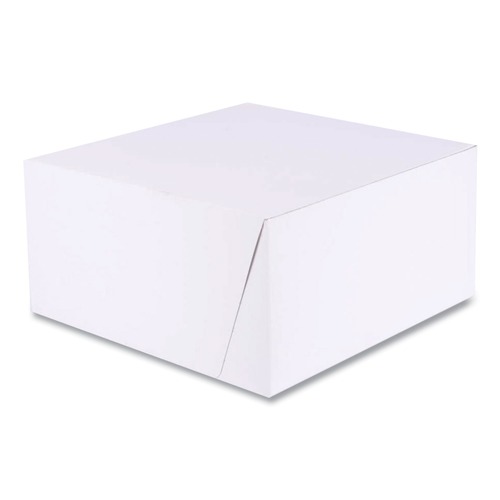 Food Trays, Containers, and Lids | SCT 1576 10 in. x 10 in. x 5 in. Standard Paper One-Piece Non-Window Bakery Boxes - White/Brown (100/Bundle) image number 0