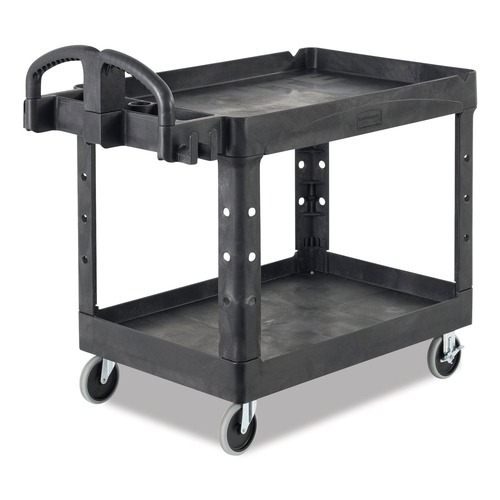 Utility Carts | Rubbermaid Commercial FG450088BLA 17.13 in. x 38.5 in. x 38.88 in. 500 lbs. Capacity 2 Lipped Shelves Heavy-Duty Plastic Utility Cart - Black image number 0