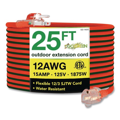 Office Electronics & Batteries | GoGreen Power GG-14025 25 ft. 15 Amps 12 AWG Lighted End Heavy-Duty Extension Cord - Orange/Black image number 0