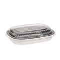 Food Trays, Containers, and Lids | Pactiv Corp. Y6708PET 8.2 in. x 6.2 in. x 1.3 in. 22 oz. Classic Carry-Out Aluminum Container with PET Dome Lid - Silver/Clear (100/Carton) image number 0