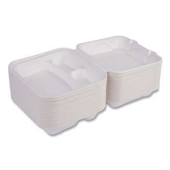 Eco-Products EP-HC83NFA Vanguard 8 in. x 8 in. x 3 in. 3-Compartments Renewable and Compostable Sugarcane Clamshells - White (200/Carton)
