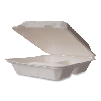 Vegware WHBRG-9-3 HW 9 in. x 18 in. x 2 in. Molded Fiber Compostable Sugarcane 3-Compartment Clamshell Containers - White (200/Carton)