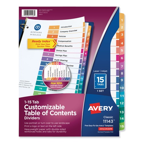  | Avery 11143 Ready Index 11 in. x 8.5 in. 15-Tab Traditional Color Customizable TOC 1 to 15 Tab Dividers - Multicolor (1-Set) image number 0