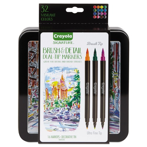 Washable Markers | Crayola 586501 Brush and Detail Dual Ended Extra-Fine Markers - Assorted Colors (16/Set) image number 0