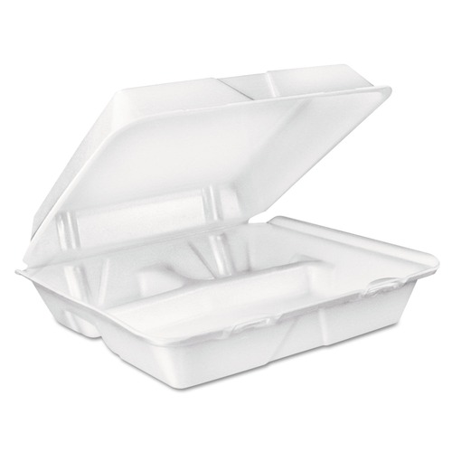 Just Launched | Dart 90HT3R 9 in. x 9.4 in. x 3 in. 8 oz. 3-Compartment Foam Hinged Lid Container - White (200/Carton) image number 0