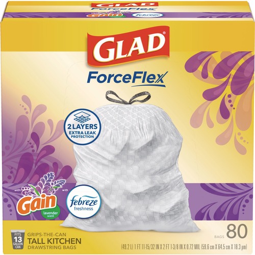 Glad 78902 OdorShield 24 in. x 27.38 in. 13 Gallon Tall Kitchen Drawstring Bags - White/Lavender Breeze Scent (80/Box)
