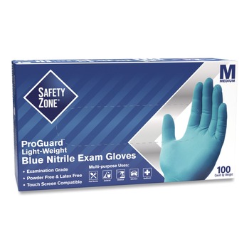 Safety Zone ProGuard Nitrile Gloves, Powder-Free, 3 mil, Blue, Medium, 1,000/Carton