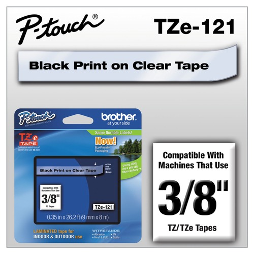 Bulk Savings Pricing 2 | Brother P-Touch TZE121 0.35 in. x 26.2 ft. TZe Standard Adhesive Laminated Labeling Tape - Black on Clear image number 0