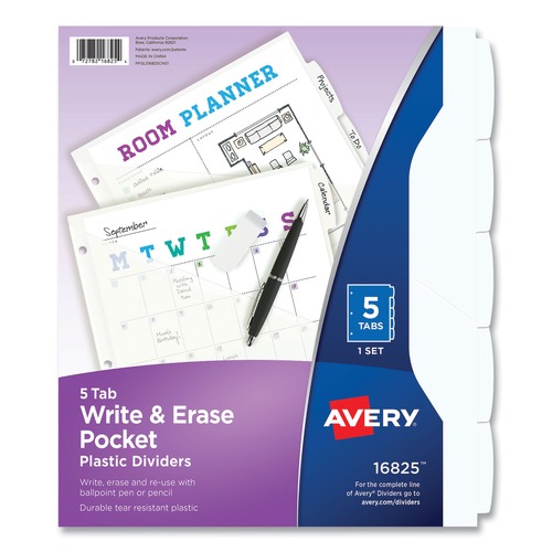 Office Jansan | Avery 16825 5-Tab 11.13 in. x 9.25 in. Write and Erase Durable Plastic Dividers with Straight Pocket - White (1-Set) image number 0