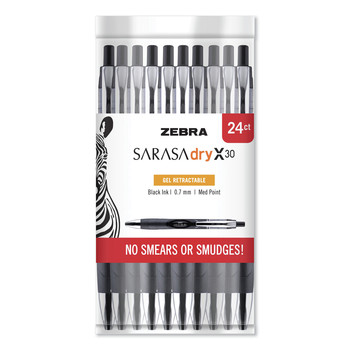 Zebra 47024 Medium 0.7 mm Sarasa Dry Gel X30 Retractable Gel Pen - Black  Ink, Black/Silver Barrel (24/Pack)