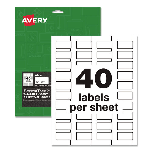  | Avery 60528 0.75 in. x 1.5 in. PermaTrack Tamper-Evident Asset Tag Labels - White (40/Sheet, 8 Sheets/Pack) image number 0