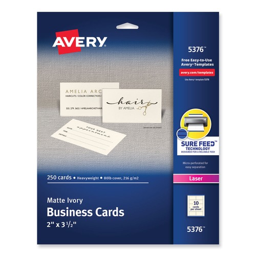 Office Jansan | Avery 05376 Printable 2 in. x 3-1/2 in. Microperforated Business Cards - Matte Ivory (250 Cards, 10/Sheet, 25 Sheets/Pack) image number 0