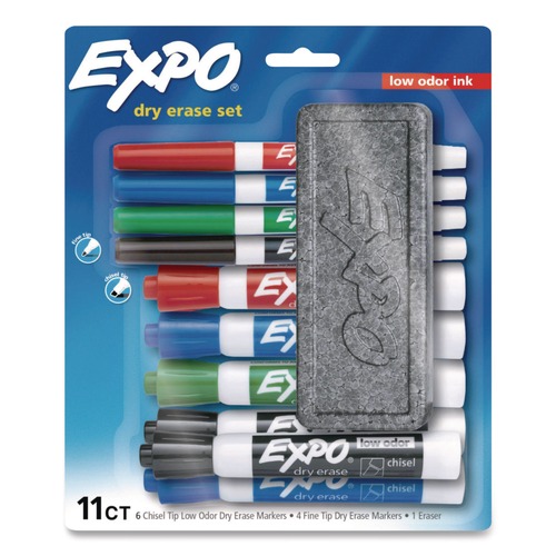 Markers | EXPO 2211243 Low-Odor Dry Erase 10-Color Marker and Eraser Set Broad Chisel/Fine Bullet Tips Assorted Colors 11 Pieces/Set image number 0