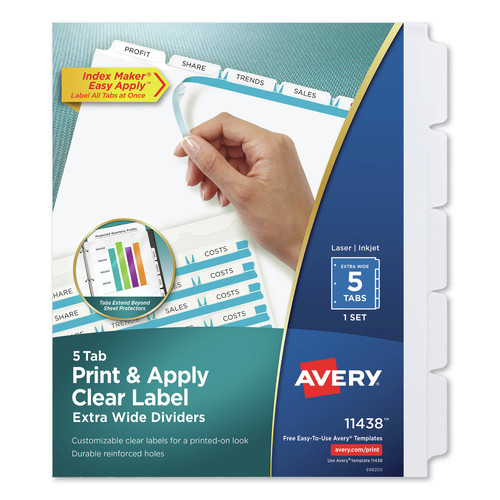 Office Jansan | Avery 11438 Index Maker 11.25 in. x 9.25 in. 5-Tab Extra Wide Tab Print and Apply Clear Label Dividers - White/White Tabs (1-Set) image number 0