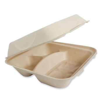 World Centric TO-SC-U9T-LFP 9.3 in. x 9 in. x 3.3 in. 3-Compartment Paper Fiber Hinged Containers - Natural (300/Carton)
