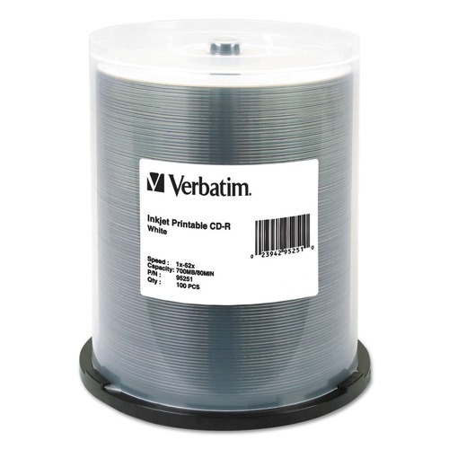Office Jansan | Verbatim 95251 CD-R 700 MB 52X White Inkjet Printable (100/Pack) image number 0