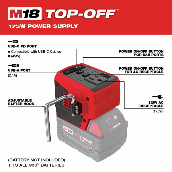 Milwaukee 284620 M18 TOPOFF LithiumIon 175Watt Cordless Portable Power Supply Inverter (Tool